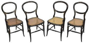 A set of four Victorian mother of pear inlaid ebonised balloon back chairs,