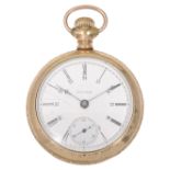 A Waltham gold plated keyless open faced 24-hour pocket watch