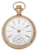 A Waltham gold plated keyless open faced 24-hour pocket watch