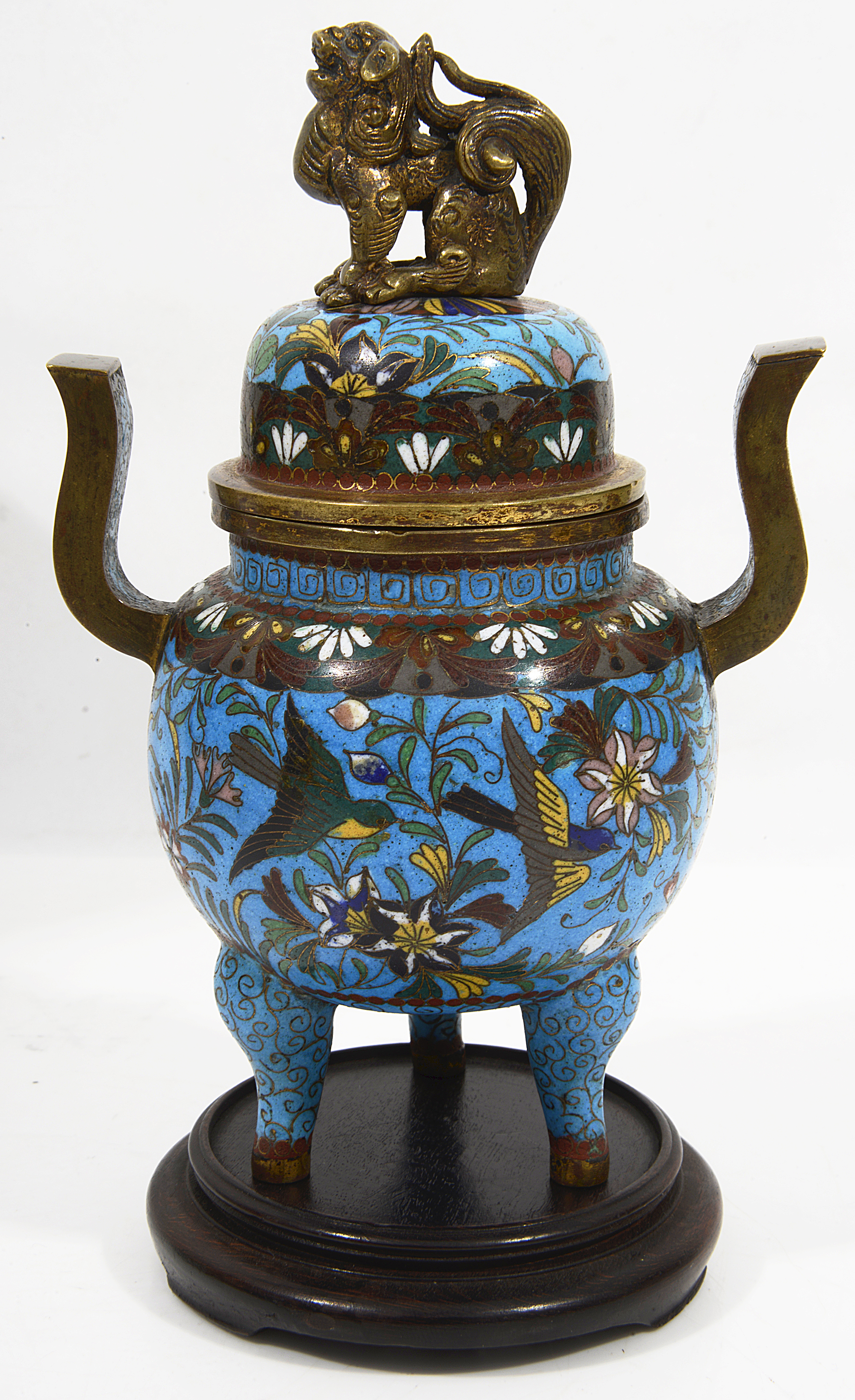 A 19th century Japanese gilt bronze and cloisonne tripod censer and cover - Image 2 of 2