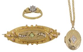 A diamond single stone ring, brooch and locket