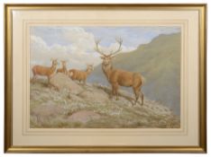 Frank Paton (British, 1855-1909) 'Study of a Red Stag and Hinds, within a Highland Landscape',