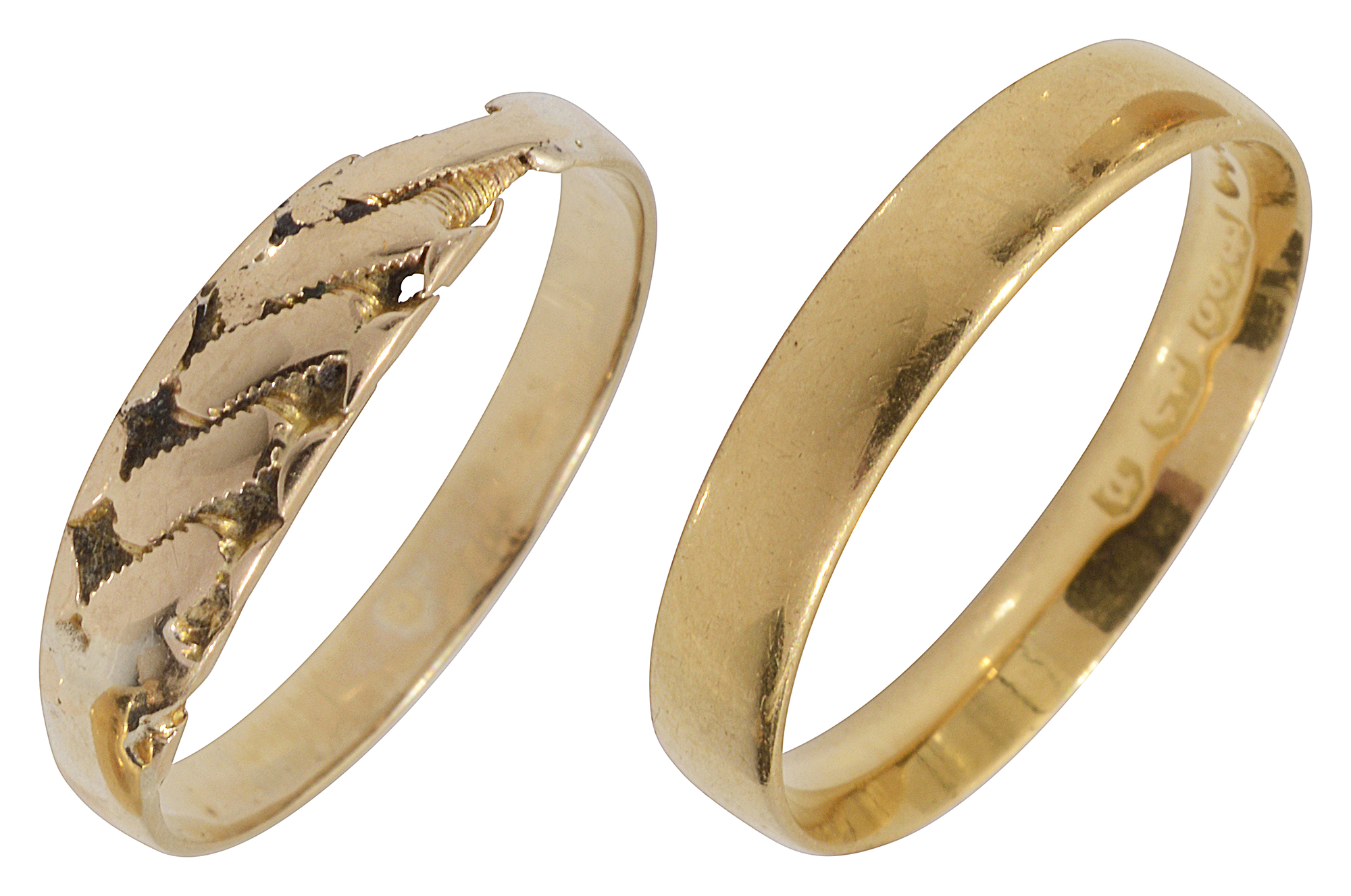 A 22ct gold band together with another ring