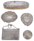 An Edwardian silver evening bag and other silver