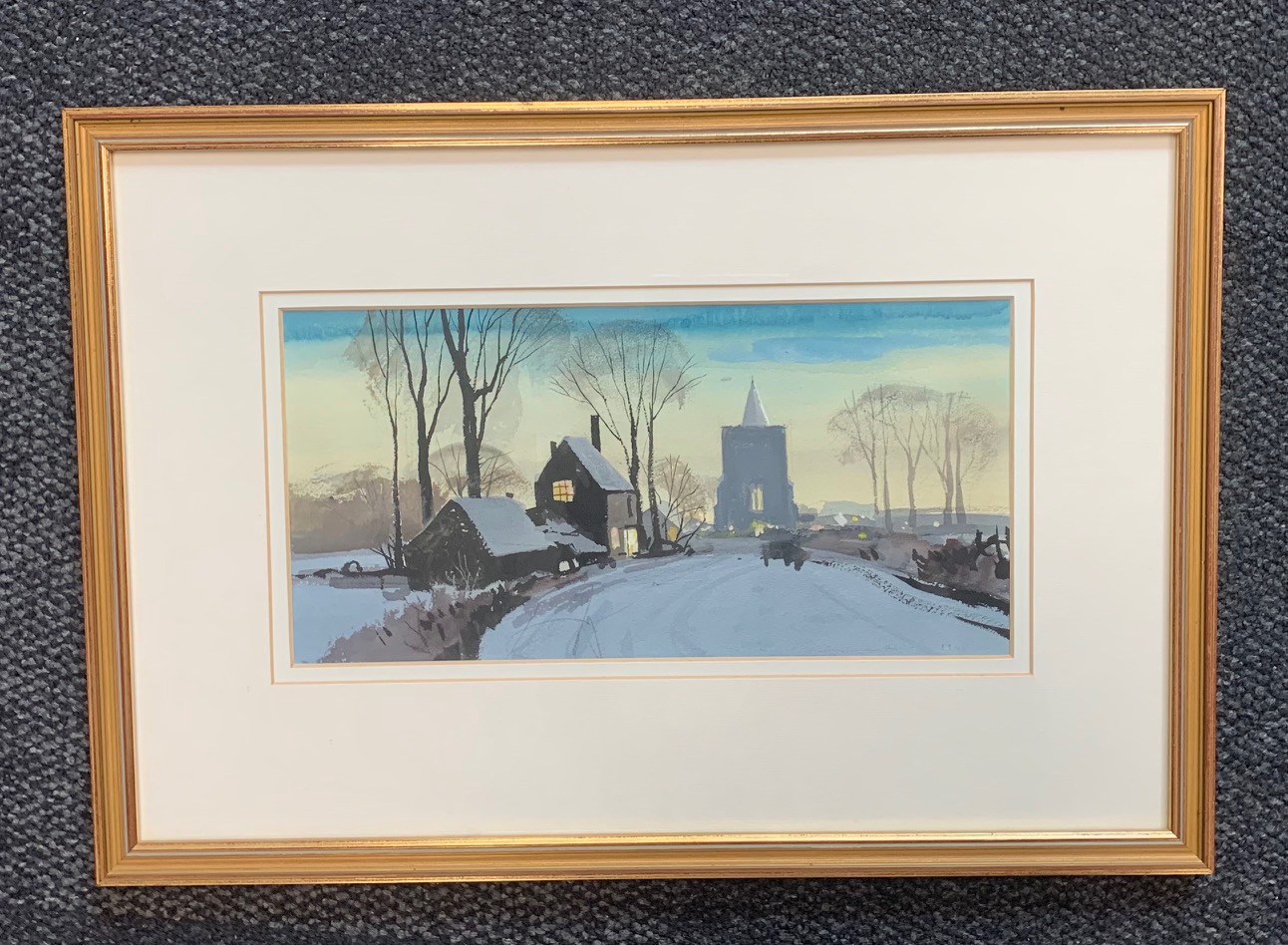 Rowland Hilder (British, 1905-1993), 'Village Church in the Snow' Xmas 1945, watercolour - Image 2 of 4