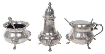A modern silver three piece silver cruet