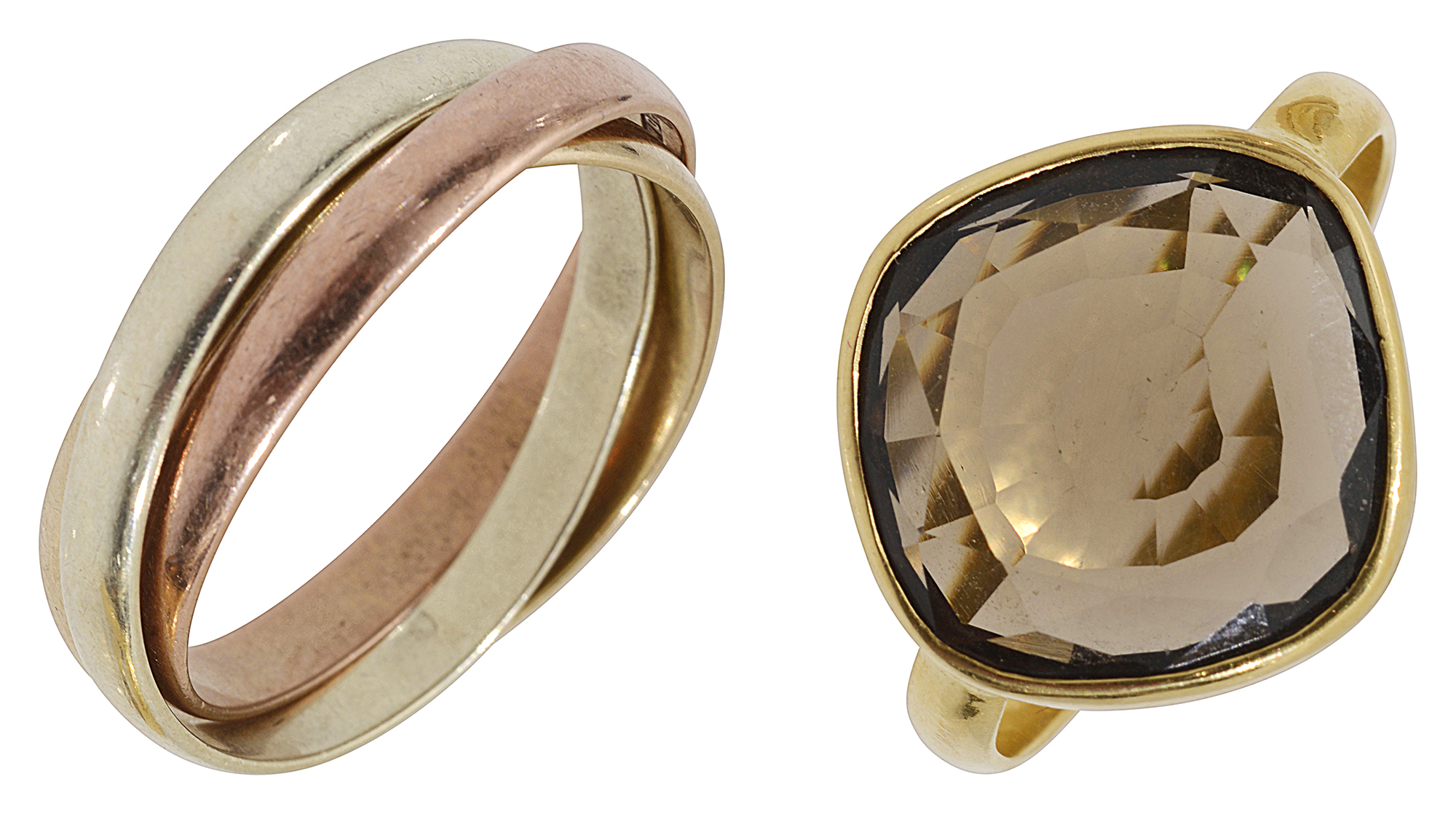 A 9ct three coloured gold band ring together with another