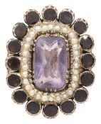 An Amethyst, garnet, pearl ring