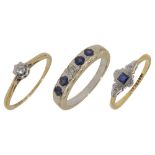 A sapphire and diamond-set ring and two others