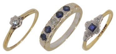 A sapphire and diamond-set ring and two others
