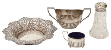 A late Victorian foliate embossed silver dish and other silver