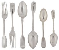 A selection of George IV and later silver fiddle pattern flatware