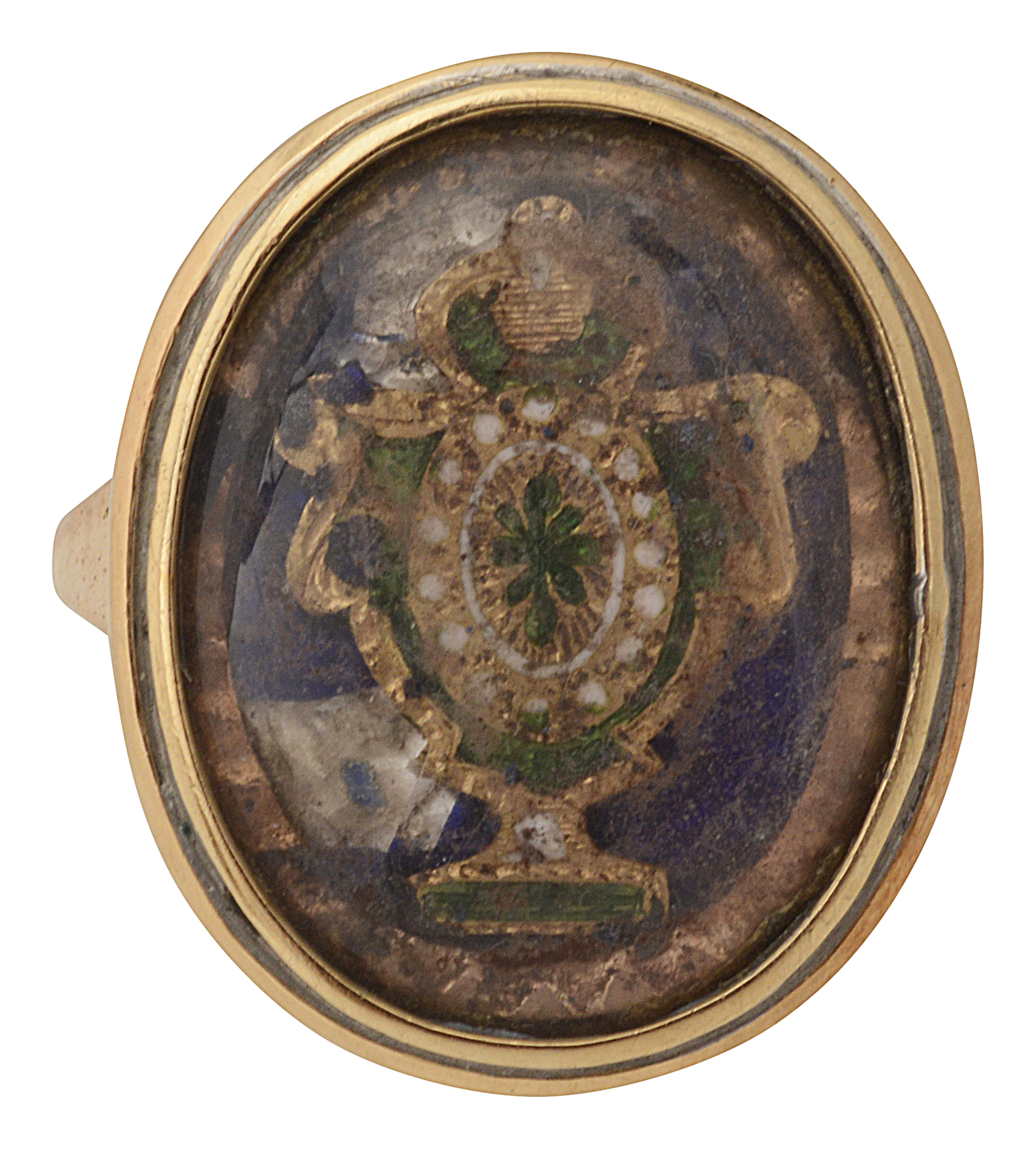 A mid/late 18th century enamel and yellow gold memorial ring