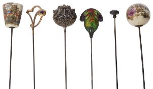 Six Edwardian hats pins to include Satsuma and enamel
