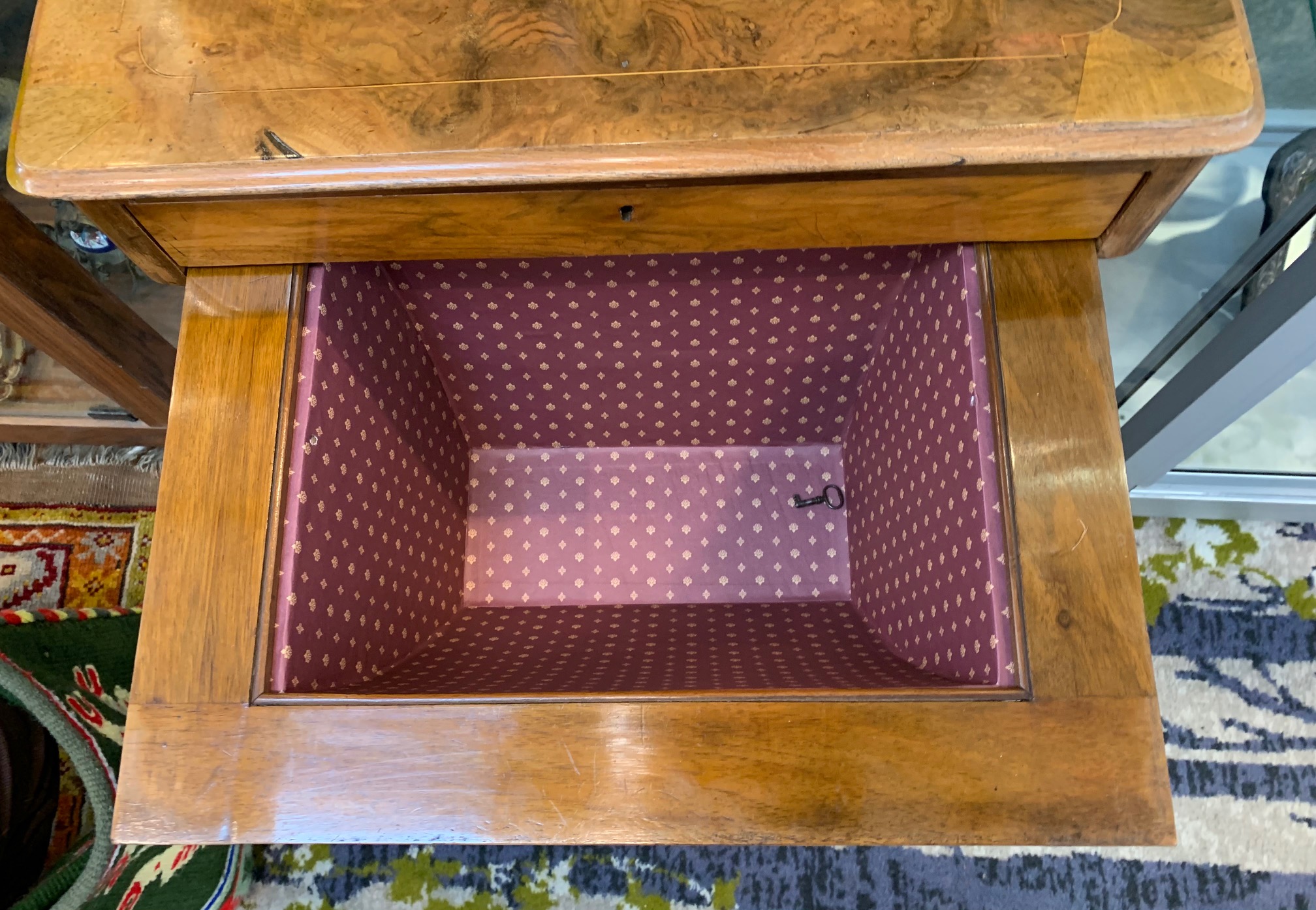 A mid Victorian figured walnut and Tunbridgeware work table - Image 5 of 13