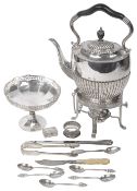 A collection of silver and an electroplated spirit kettle on stand