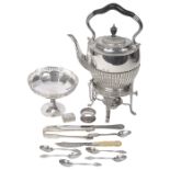 A collection of silver and an electroplated spirit kettle on stand