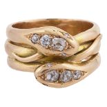 An 18ct yellow gold and diamond double snake ring