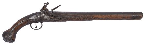 An early 18th century continental muzzle loading flintlock holster pistol