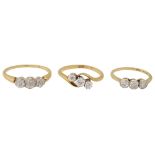 Three three-stone diamond rings