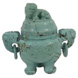 A Chinese miniature carved turquoise tripod censer and cover