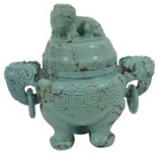 A Chinese miniature carved turquoise tripod censer and cover