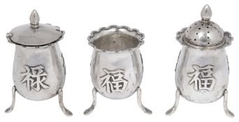 An early 20th century Chinese export .850 silver three piece cruet set