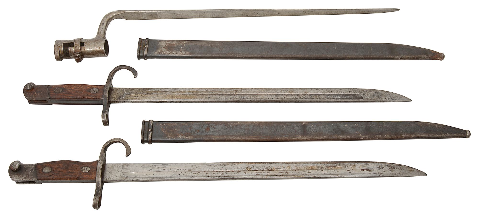 A triangular socket bayonet and two Japanese Type 30 bayonets and scabbards