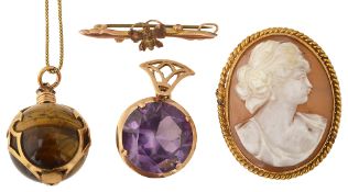 A 9ct gold mounted oval cameo, fob, pendant & brooch