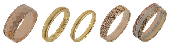 Two 22ct weddings bands together with three 9ct gold bands