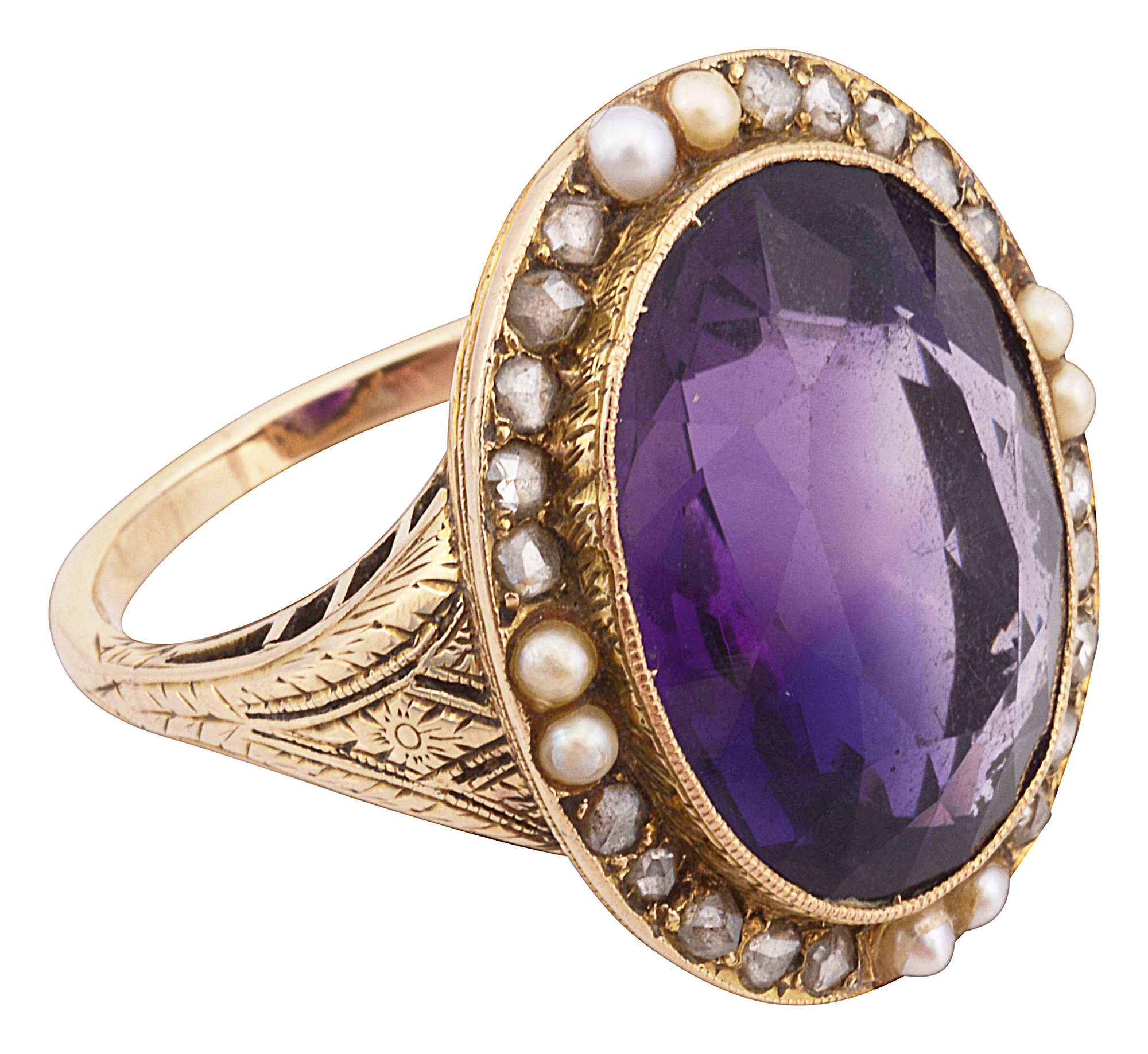 A mid Victorian amethyst, pearl and diamond-set ring