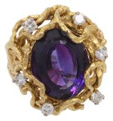 A stylish 1960s/1970s amethyst and diamond-set ring
