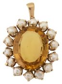 A citrine and pearl cluster pendant