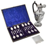 A late Victorian cased set of twelve coffee spoons, silver cigarette case