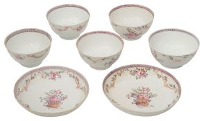 Five late 18th century polychrome porcelain tea bowls and two saucers c.1790