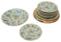 A collection of ten 19th century Chinese famille rose celadon plates,