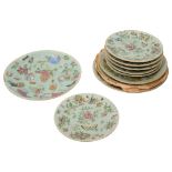 A collection of ten 19th century Chinese famille rose celadon plates,