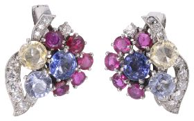 A pair of multi gem-set ear clips by Cartier