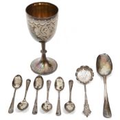 A late Victorian West Kent Yeomanry Cavalry silver prize goblet and other silver