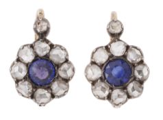 A pair of sapphire and diamond ear pendants