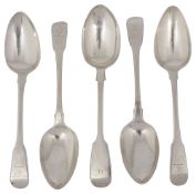 A matched set of five George III and later fiddle pattern tablespoons