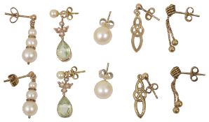 Five pairs of 9ct yellow gold earrings