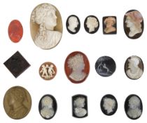 A collection of mostly 19th century hardstone portrait cameos
