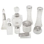 Edwardian and later silver mounted cut glass, scent bottles and jars