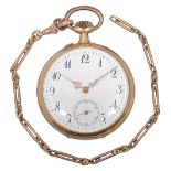 A 14ct gold open faced pocket watch and 9ct watch chain
