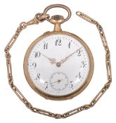 A 14ct gold open faced pocket watch and 9ct watch chain