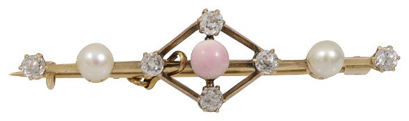 A late Victorian conch pearl and diamond open-work knife bar brooch