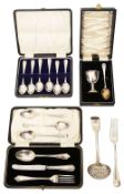 A collection of silver and plated to include a sifter spoon and cased sets