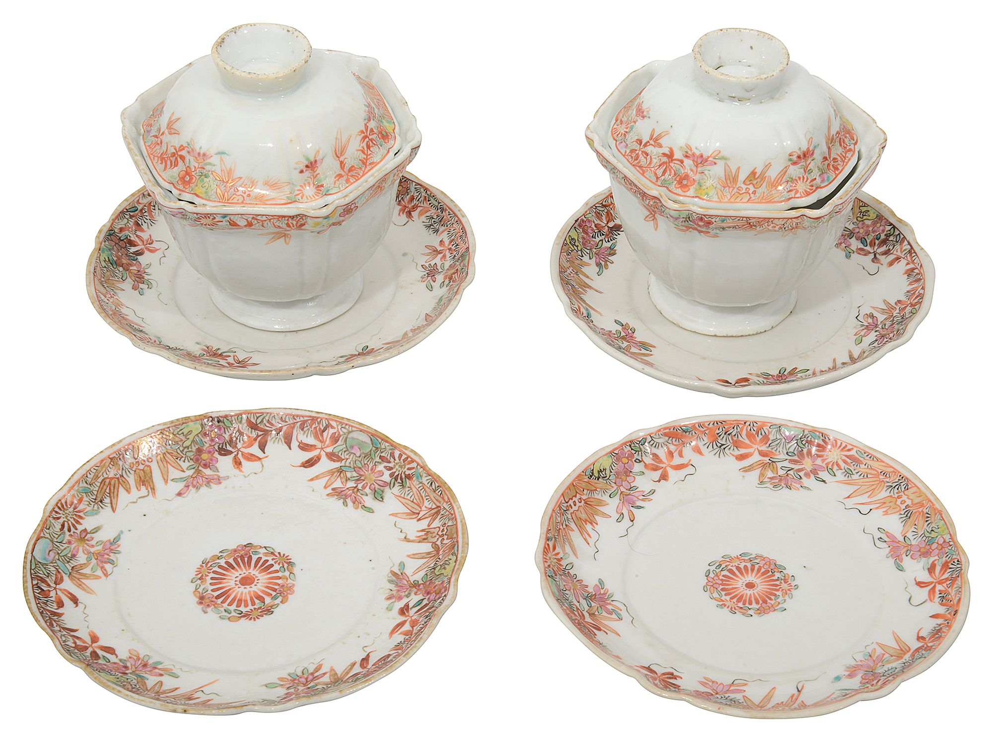 Two mid 18th century Chinese export porcelain hexagonal covered tea bowls and four saucers
