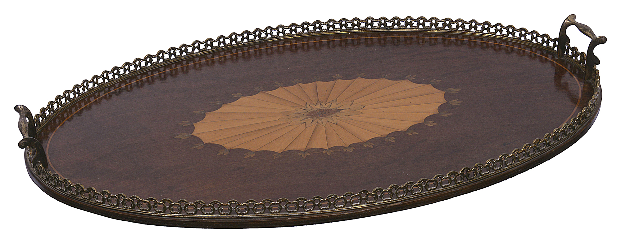 A late 19th century plum pudding mahogany and marquetry inlaid oval tray* - Image 2 of 6